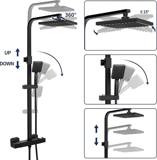 Thermostatic Shower Mixer Set, Thermostat Shower Rail System with Adjustable Rainfall Shower Head, Scalding Protection Bath Tap, Anti-Kink Shower Hose (Square, Matte Black)
