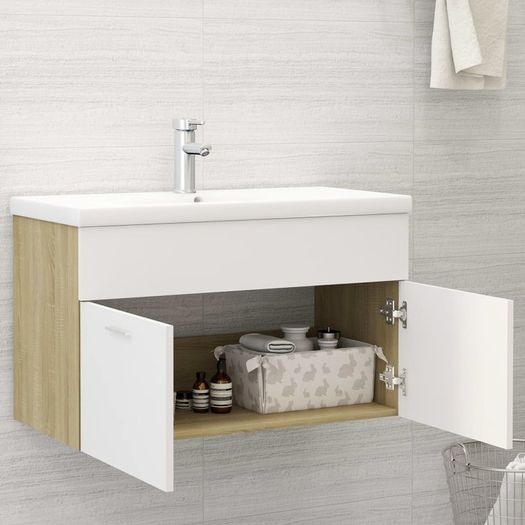 Sink Cabinet with Built-in Basin White and Sonoma Oak Chipboard