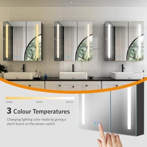 LED Bathroom Mirror Cabinet with Shaver Socket  630 x 650mm, 2-Door Wall-Mounted Vanity with Anti-Fog Demister, 3-Colour Dimmable Lighting Adjustable Glass Shelves