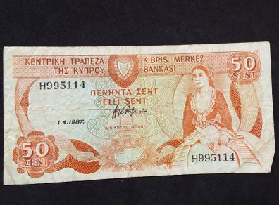 Central Bank of Cyprus : 50 Cents Banknote - 1987