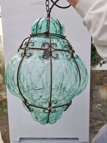 Seguso Murano Green Blown Detailed Lantern Chandelier Pendant Midcentury Vintage Designer