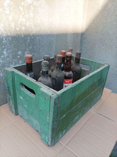 Vintage wood box, Portugal with 8 bottles with content, for display only
