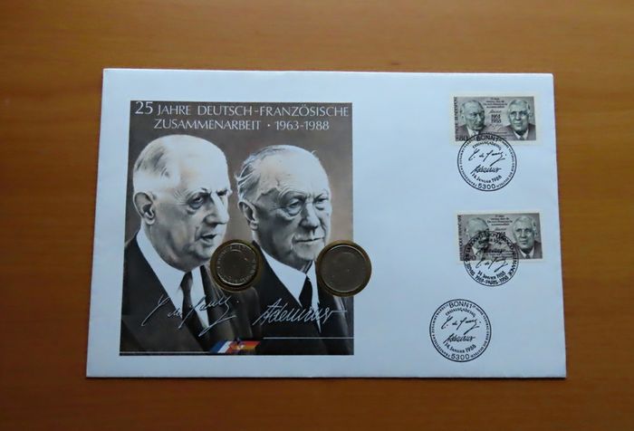 France Germany Joint Issue Treaty On The Cooperation 1963 1988 FDC ( coins cover )
