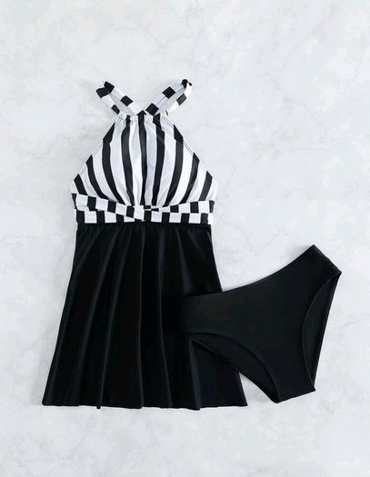 Striped Crisscross Tie Backless Bikini Swimsuit/Beach Dress