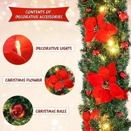 MASSIVE SALE 9FT Christmas Garland Decorations, 2.7M Wreath Garlands Decorations Xmas for Fireplaces Stairs, Christmas Garlands with Lights, Red Flower and Red Ball, Holiday, Wedding Party Decoration
