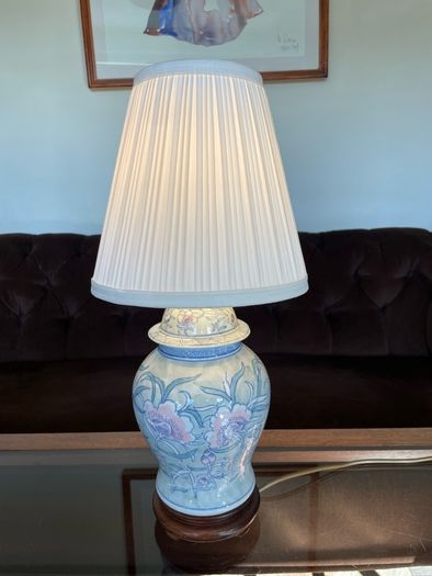Pretty Oriental Pastel Floral Ginger Jar Lamp Base with Wooden Plinth Base