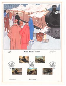 1985 Great Britain Limited Edition Lithographed Print measuring 333mm X 257showing The 150th Anniversary of the Great Western Railway Commemorative stamps with First Day of Issue Cancel