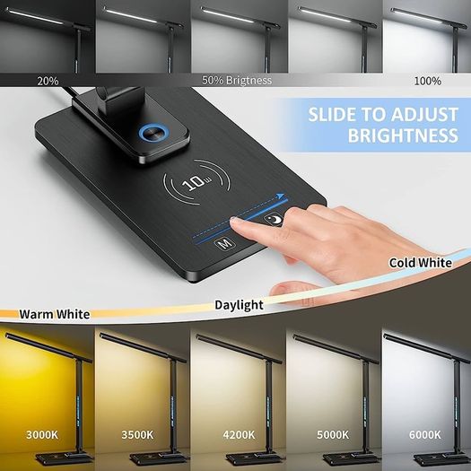 LED Desk Lamp with Wireless Charger, USB Charging Port, 5 Colors 5 Brightness Dimmable Eye-Caring Desk Lamp, Night Lights, Clock & Calendar & Temperature Table Lamp for Home Office MULTIPLE COLOURS AVAILABLE (FREE SHIPPING)