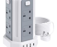 Extension Tower 8 AC Outlets 4 USB Ports, Surge Protection Extension Lead with 4 Independent Switch, 17W USB C Ports Extension Cable 3M for Office, Home, Kitchen
