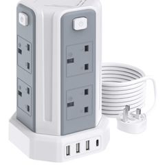 Extension Tower 8 AC Outlets 4 USB Ports, Surge Protection Extension Lead with 4 Independent Switch, 17W USB C Ports Extension Cable 3M for Office, Home, Kitchen