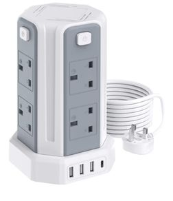 Extension Tower 8 AC Outlets 4 USB Ports, Surge Protection Extension Lead with 4 Independent Switch, 17W USB C Ports Extension Cable 3M for Office, Home, Kitchen