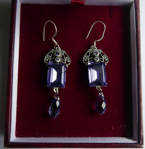 Vintage Sterling Silver 925 Dainty Violet Crystal and Silver Earrings 8,8g