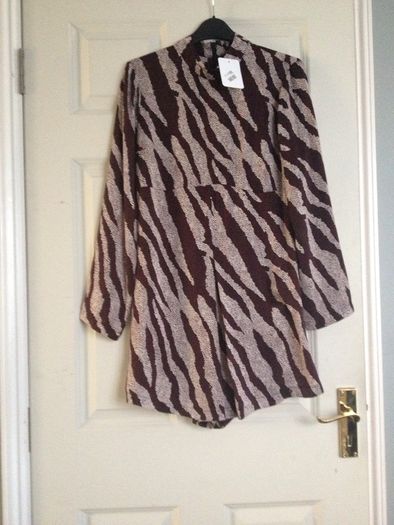 NEW With Tags! Burgundy/Cream Zebra Print High Neck Playsuit (Size 10)