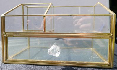 Vintage Gold clear glass large storage jewelers makeup box 7,2" x 4,4" H-3"