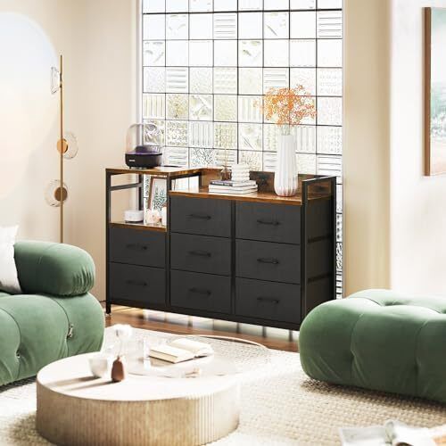 Chest of Drawers Bedroom, Contains 2 USB & 2 AC Ports Sockets, Storage Dresser with 8 Fabric Drawers Suitable for Bedrooms, Living Rooms, Retro Color