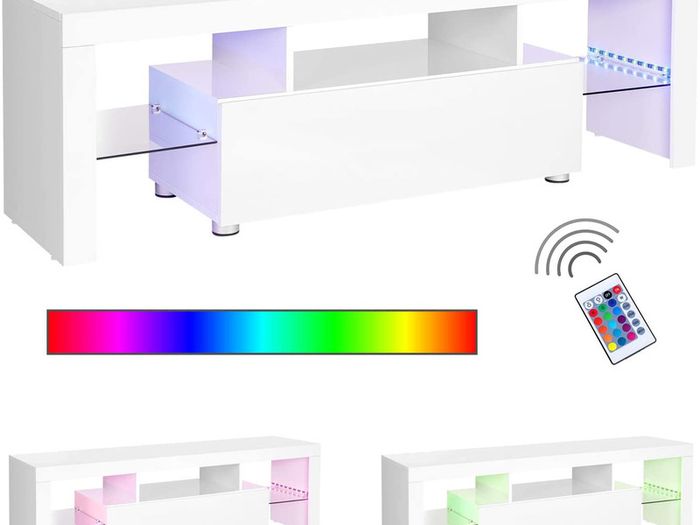 _TV table for TVs up to 60 inches, large TV cabinet, TV cabinet, TV shelf with LED lighting, lowboard, living room, 140 x 35 x 45 cm, modern, glossy, white