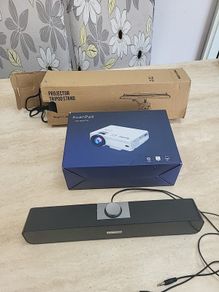 projector, tripod stand, sound bar