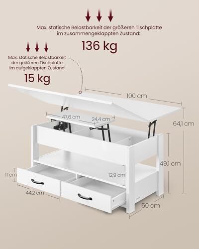 Adjustable Height Gas Cylinder Coffee Table with 2 Drawers