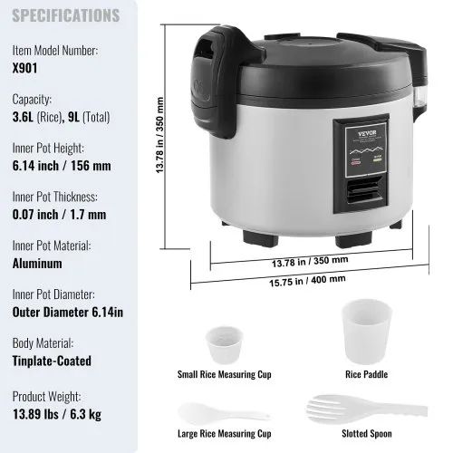 Commercial Rice Cooker, 45-Cup Rice Cooker, 9 Liter Large Rice Cooker and Warmer with Nonstick Inner Pot, Fast Cooking and 12-Hour Keep Warm
