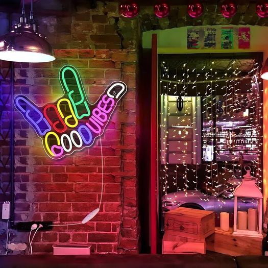 Good Vibes Neon Sign, Dimmable Gesture Neon Signs With Switch, Colorful USB Powered LED Light Up Signs for Wall Decor, Game Room, Bedroom, Party Club Decor