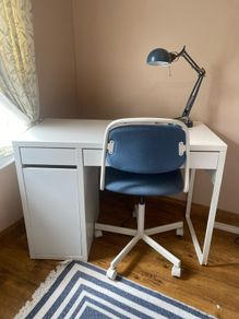 Ikea Micke White Desk, Chair & Lamp