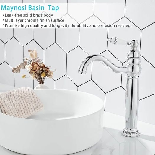 Bathroom Basin Mixer Tap, Mono High Rise Tap for Counter top Basin, Tall Traditional Sink Faucet with Ceramic Lever, Washroom Classic Taps, 360 Swivel, Retro Style, Brass, Chrome