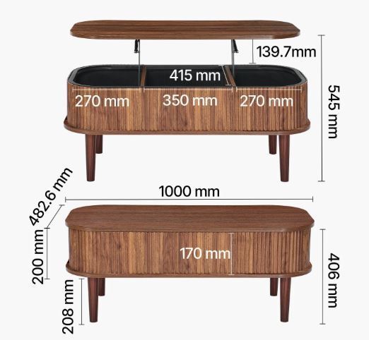 Walnut Lift Top Coffee Table, Fluted Oval Coffee Table with 3 Hidden Compartment, Mid Century Wooden Oval Center Desk with Storage