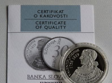 Slovenia 30 Euro Silver Proof Valentin Vodnik 2008 Slovenija
