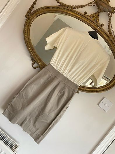 COS Gathered Zip-up Dress Off-white Grey / Brown Knee Length MIDI Size EUR 34 XS