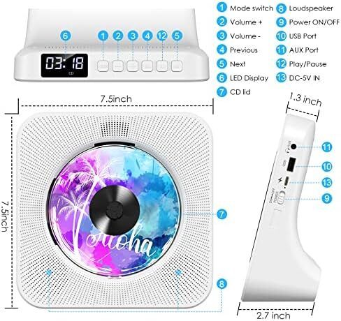 Portable CD Player with Bluetooth, Gueray Desktop CD Players for Home, Bulit-in Double HiFi Speakers, AUX&Headphone Jack, FM Radio Boombox with Remote Control, USB Port,LCD Display (White)