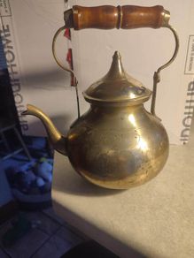 Vintage Solid Brass Tea Pot Kettle With Wooden Handle Made In India