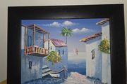 Oil on Canvas by Vinno Mediterranean Scene - Framed