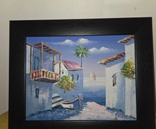 Oil on Canvas by Vinno Mediterranean Scene - Framed