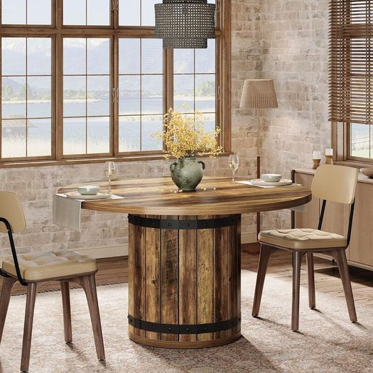 Round Dining Table, 100 cm Kitchen Table with Fence Wooden Base (Table Only)