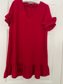 Zara Red Ruffled Mini V-neck Dress - Size S