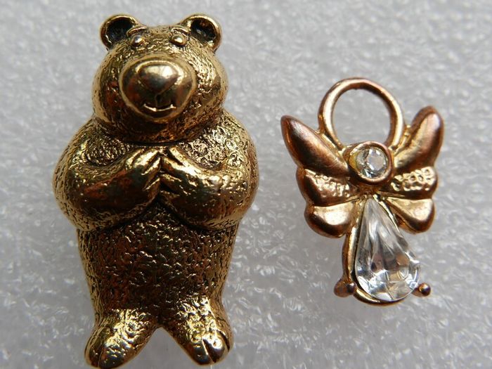 Vintage Teddy Bear Pin Gold Tone and Vintage Gold Tone Faux Diamond Angel Lapel Pin