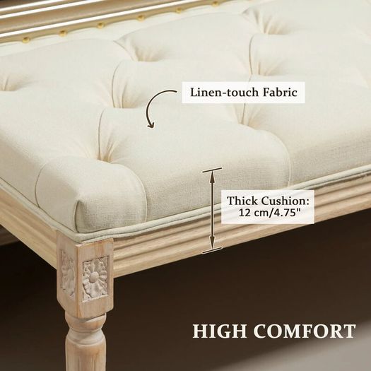French Style Vintage Wooden Bench, Cream White Tufted Upholstered Seat, Classic Carved Wood Frame for Bedroom, Hallway & Entryway