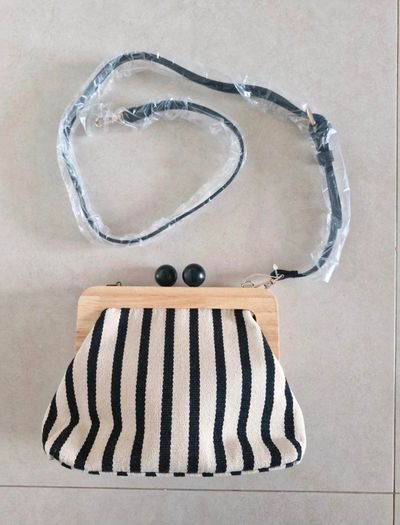 Zara Canvas Striped Wooden Clutch Bag in cream/black