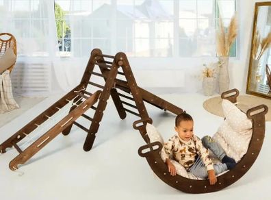 5in1 Montessori Climbing Set: Triangle Ladder + Arch/Rocker + Slide Board/Ramp + Netting rope + Cushion
