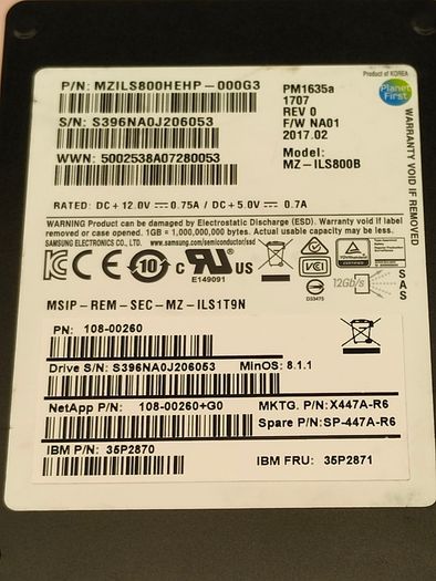 Samsung 108-00260 Netapp X447a-r6 35p2870 Samsung Mz-6wr8000/0g3 800gb 2.5" Sas