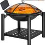 Fire Bowl with Spark Protection Cover Poker BBQ Round Diameter 55 cm Wood Shelf Steel Black Fire Pit Fire Basket Garden Patio Fireplace Grill Image 3
