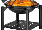 Fire Bowl with Spark Protection Cover Poker BBQ Round Diameter 55 cm Wood Shelf Steel Black Fire Pit Fire Basket Garden Patio Fireplace Grill