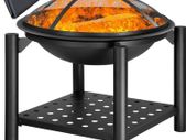 Fire Bowl with Spark Protection Cover Poker BBQ Round Diameter 55 cm Wood Shelf Steel Black Fire Pit Fire Basket Garden Patio Fireplace Grill