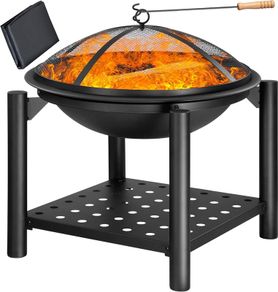 Fire Bowl with Spark Protection Cover Poker BBQ Round Diameter 55 cm Wood Shelf Steel Black Fire Pit Fire Basket Garden Patio Fireplace Grill