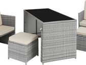 Rattan 5-Piece Garden Furniture Set with Dining Table, Armchair and Stool, for up to 4 People, Dining Set for Garden and Balcony, Includes Cushions, Various Colours