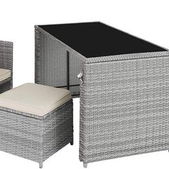 Rattan 5-Piece Garden Furniture Set with Dining Table, Armchair and Stool, for up to 4 People, Dining Set for Garden and Balcony, Includes Cushions, Various Colours