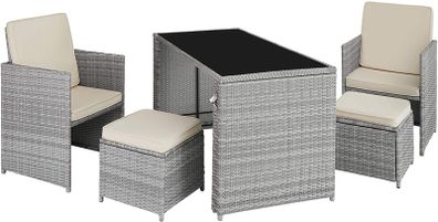 Rattan 5-Piece Garden Furniture Set with Dining Table, Armchair and Stool, for up to 4 People, Dining Set for Garden and Balcony, Includes Cushions, Various Colours