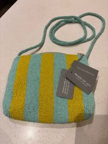 Brand New Oliver Bonas Yellow / Aqua Striped Beaded Crossbody Bag