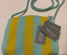 Brand New Oliver Bonas Yellow / Aqua Striped Beaded Crossbody Bag