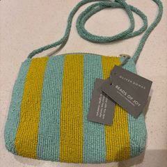 Brand New Oliver Bonas Yellow / Aqua Striped Beaded Crossbody Bag